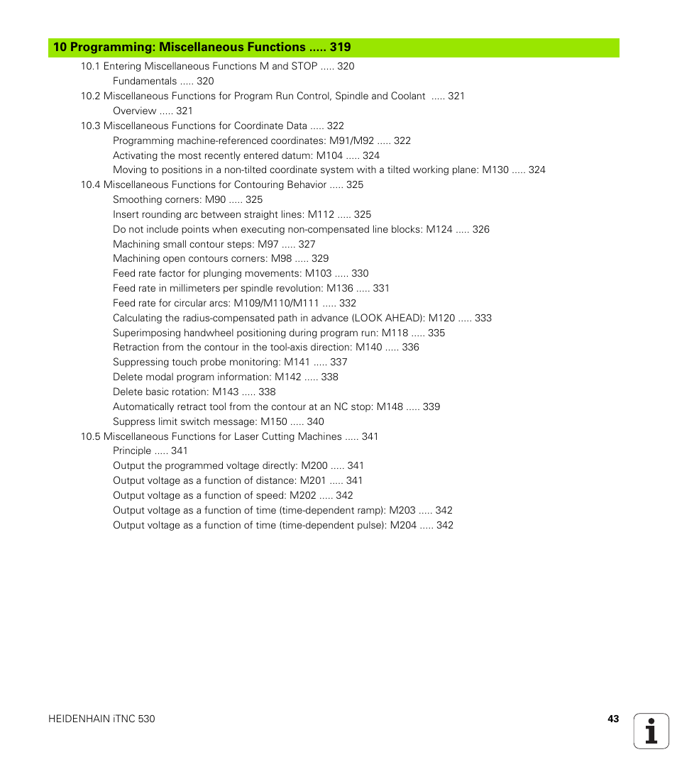 10 programming: miscellaneous functions | HEIDENHAIN 530 (340 49x-07) ISO programming User Manual | Page 43 / 650