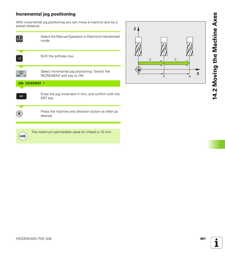 Incremental jog positioning, 2 mo ving the mac h ine ax es | HEIDENHAIN 530 (340 49x-07) ISO programming User Manual | Page 461 / 650