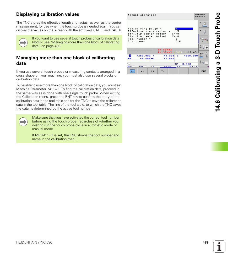Displaying calibration values, Managing more than one block of calibrating data, 6 calibr a ting a 3-d t o uc h pr obe | HEIDENHAIN 530 (340 49x-07) ISO programming User Manual | Page 489 / 650