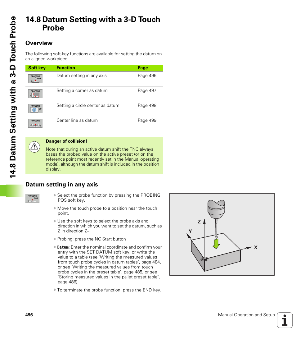 8 datum setting with a 3-d touch probe, Overview, Datum setting in any axis | HEIDENHAIN 530 (340 49x-07) ISO programming User Manual | Page 496 / 650