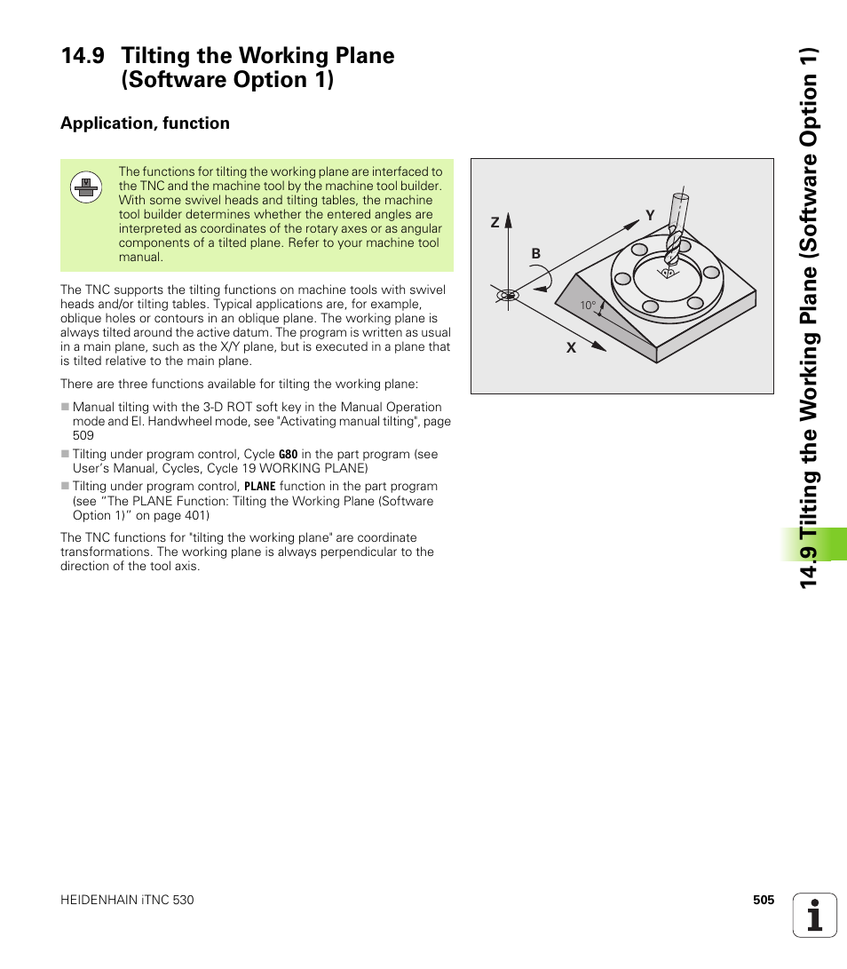 9 tilting the working plane (software option 1), Application, function | HEIDENHAIN 530 (340 49x-07) ISO programming User Manual | Page 505 / 650