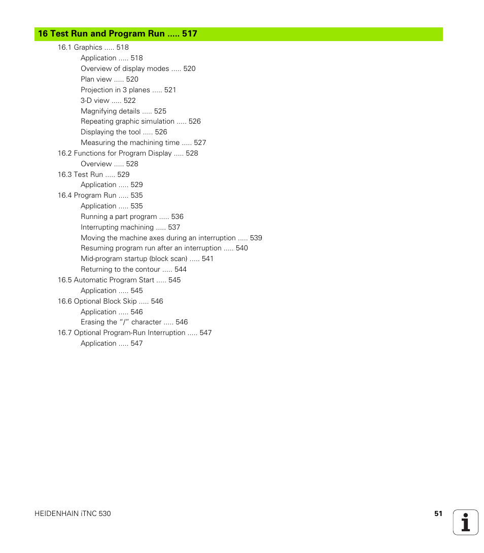 16 test run and program run | HEIDENHAIN 530 (340 49x-07) ISO programming User Manual | Page 51 / 650