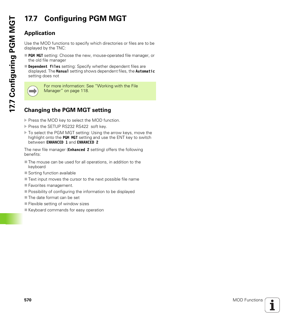 7 configuring pgm mgt, Application, Changing the pgm mgt setting | 7 configur ing pgm mgt 17.7 configuring pgm mgt | HEIDENHAIN 530 (340 49x-07) ISO programming User Manual | Page 570 / 650
