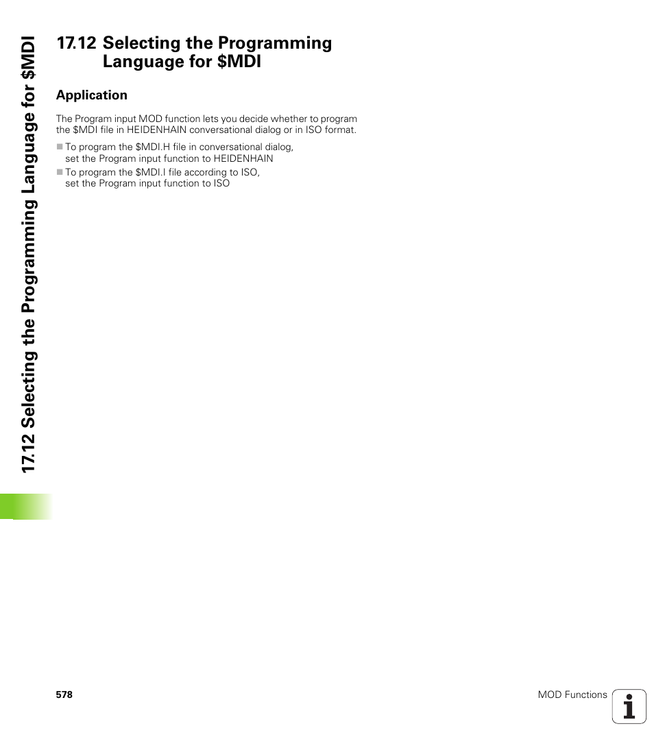 12 selecting the programming language for $mdi, Application | HEIDENHAIN 530 (340 49x-07) ISO programming User Manual | Page 578 / 650