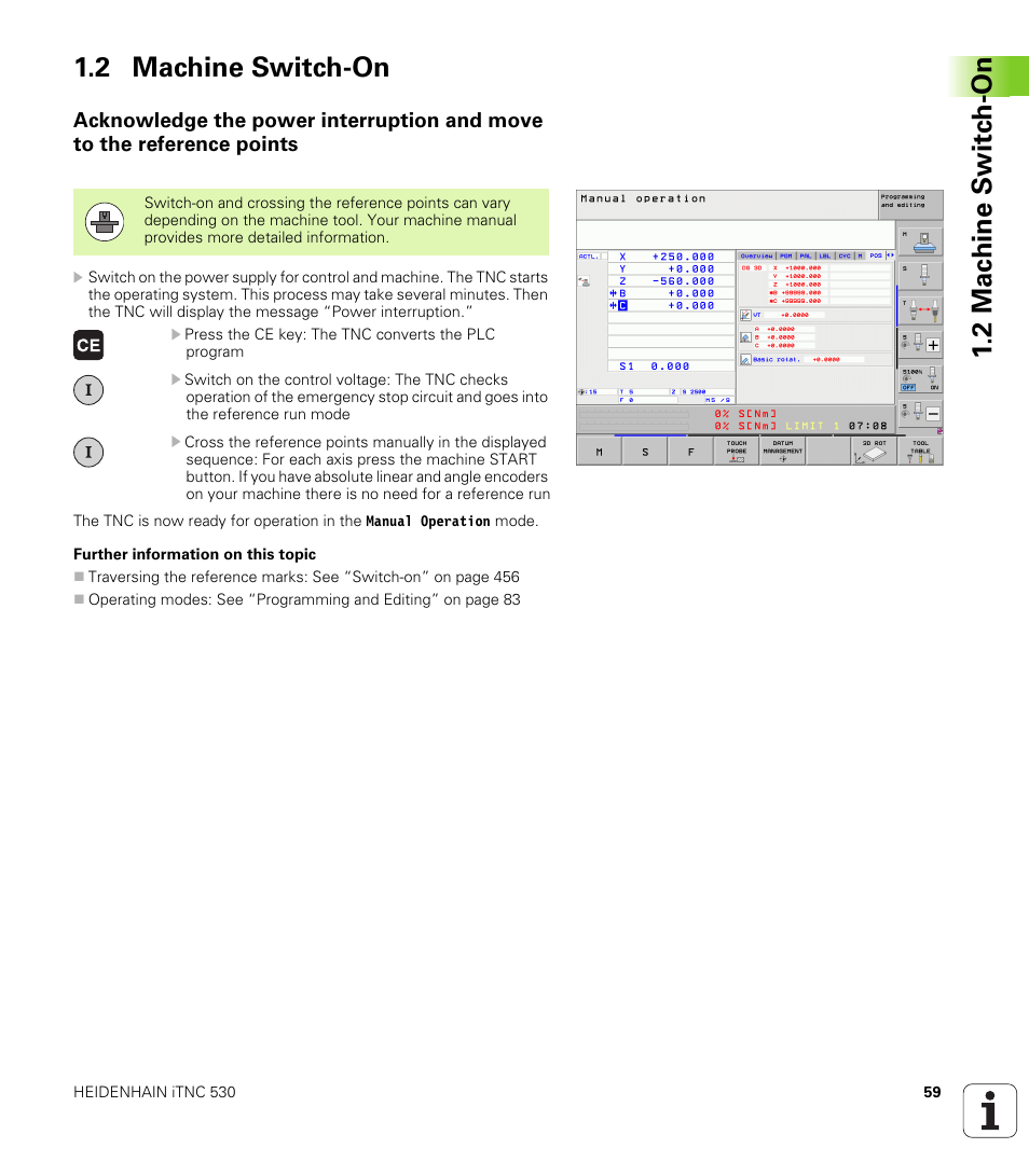 2 machine switch-on, 2 mac h ine s w itc h -on 1.2 machine switch-on | HEIDENHAIN 530 (340 49x-07) ISO programming User Manual | Page 59 / 650