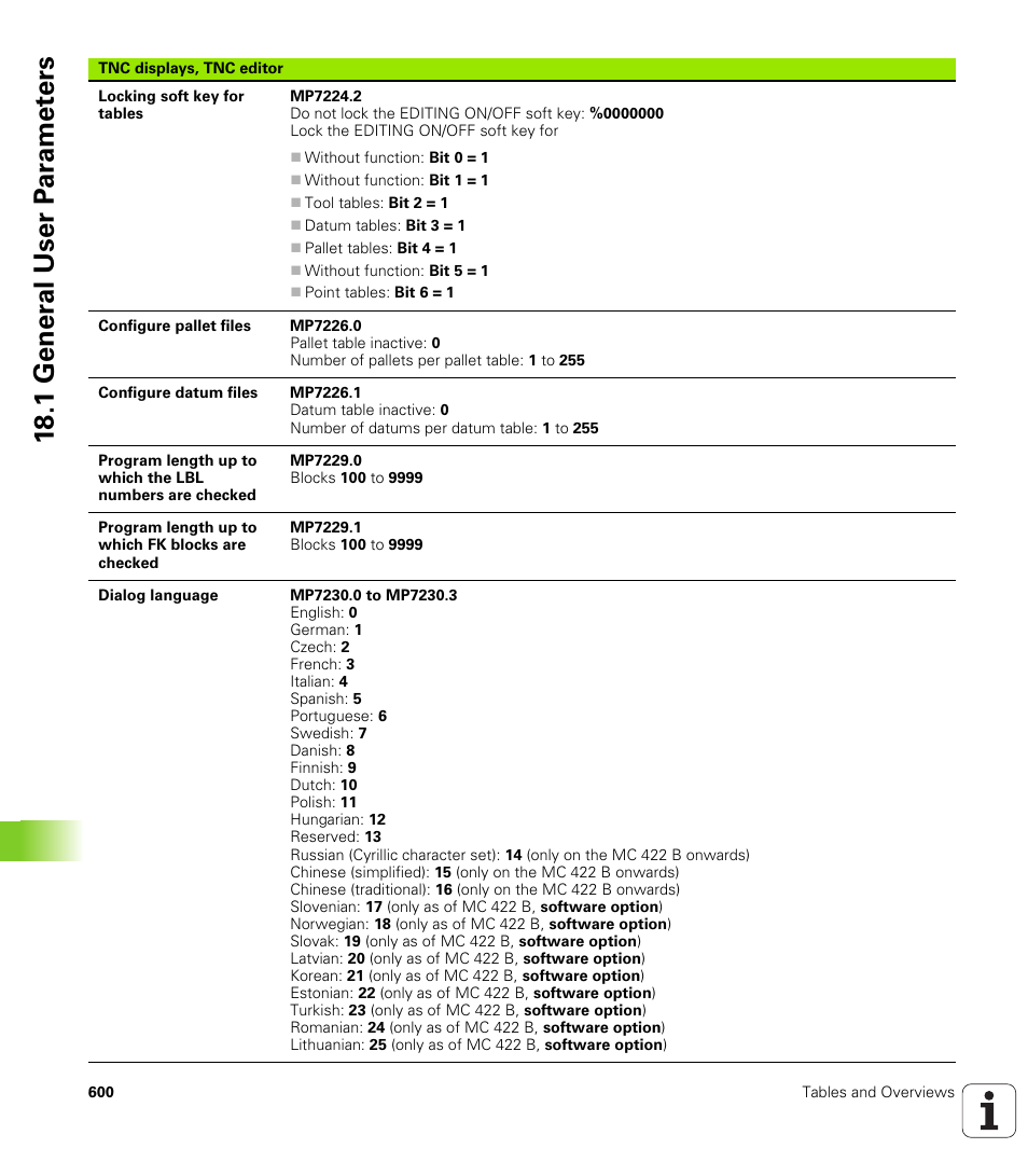 18 .1 gener a l user p a ra met e rs | HEIDENHAIN 530 (340 49x-07) ISO programming User Manual | Page 600 / 650