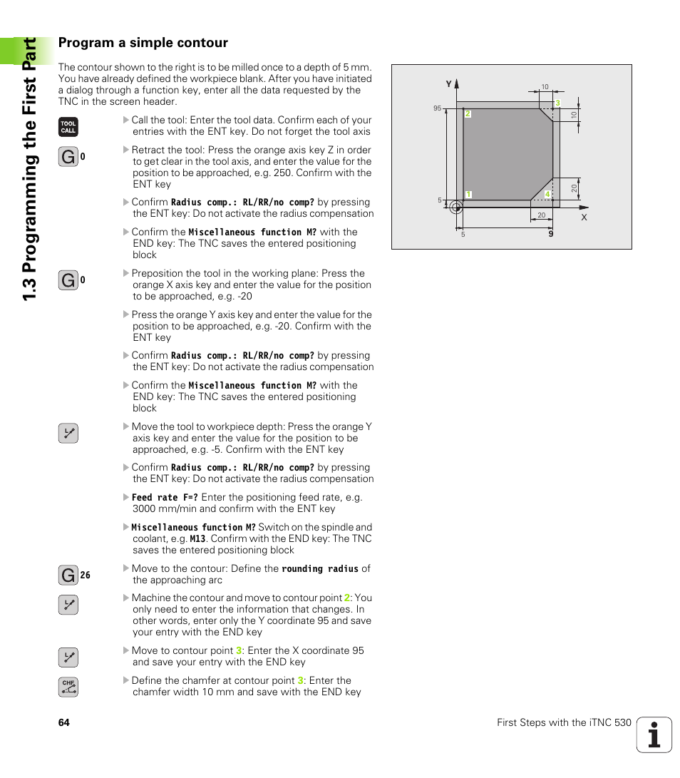 Program a simple contour, 3 pr ogr amming the first p a rt | HEIDENHAIN 530 (340 49x-07) ISO programming User Manual | Page 64 / 650