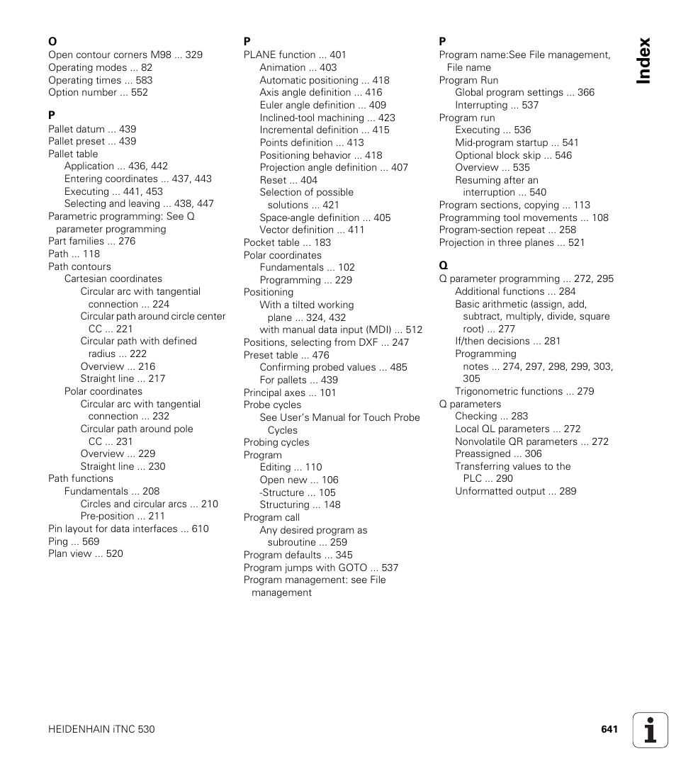 Index | HEIDENHAIN 530 (340 49x-07) ISO programming User Manual | Page 641 / 650