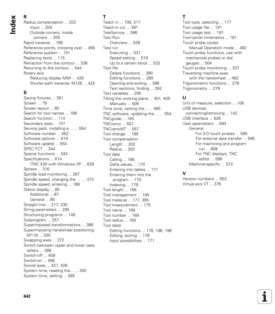 Index | HEIDENHAIN 530 (340 49x-07) ISO programming User Manual | Page 642 / 650