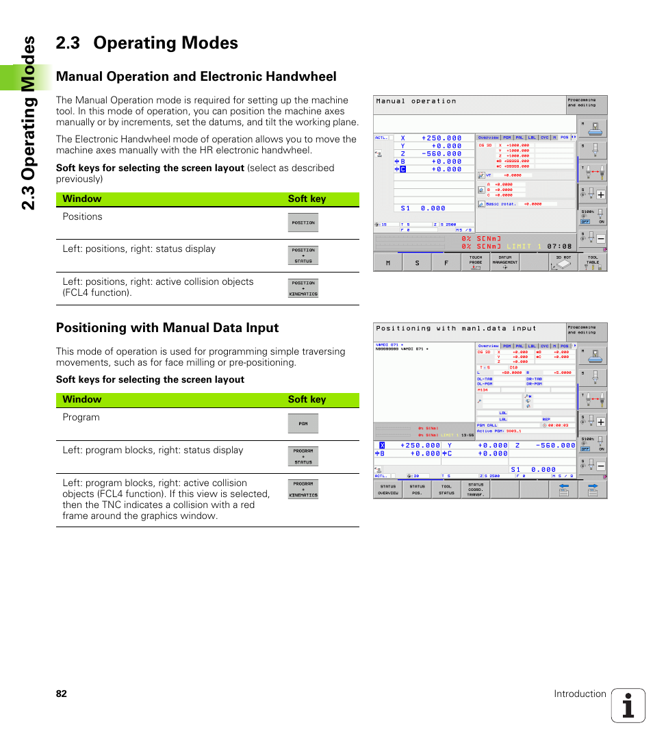 3 operating modes, Manual operation and electronic handwheel, Positioning with manual data input | 3 oper ating modes 2.3 operating modes | HEIDENHAIN 530 (340 49x-07) ISO programming User Manual | Page 82 / 650