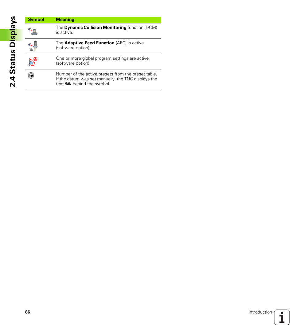 4 stat us displa ys | HEIDENHAIN 530 (340 49x-07) ISO programming User Manual | Page 86 / 650