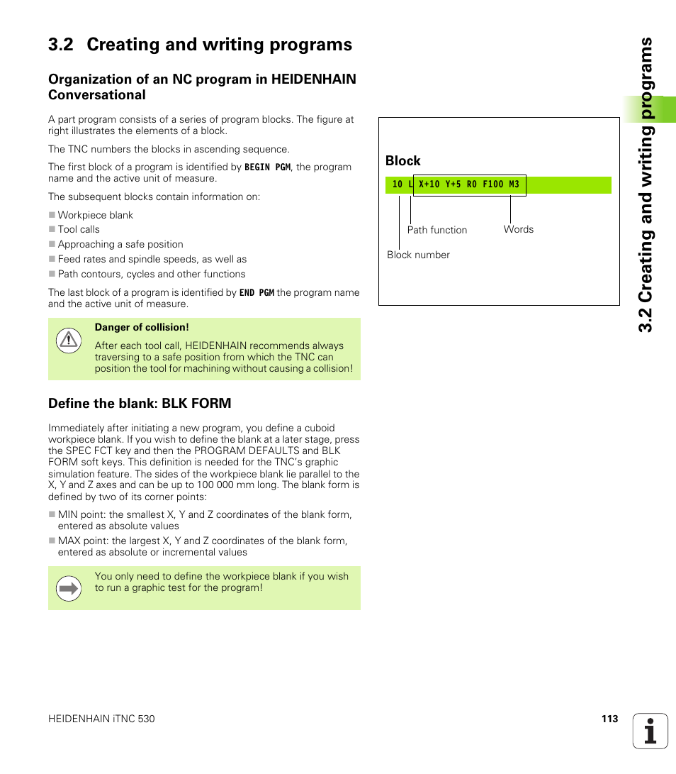 2 creating and writing programs, Define the blank: blk form | HEIDENHAIN iTNC 530 (34049x-08) User Manual | Page 113 / 739