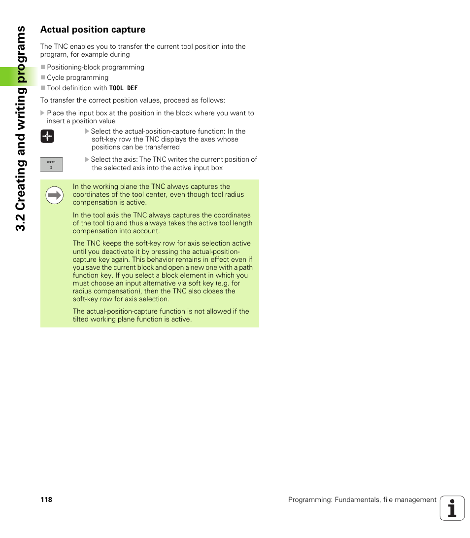 Actual position capture, 2 cr eating and wr iting pr ogr a ms | HEIDENHAIN iTNC 530 (34049x-08) User Manual | Page 118 / 739