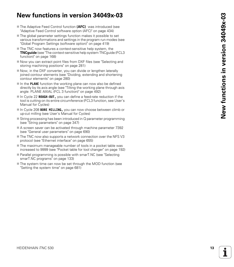 New functions in version 34049x-03 | HEIDENHAIN iTNC 530 (34049x-08) User Manual | Page 13 / 739