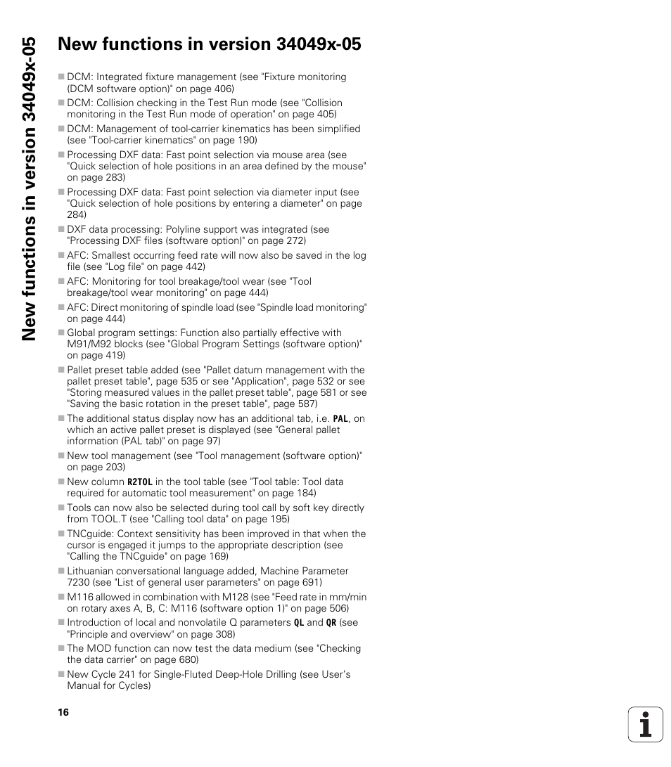 New functions in version 34049x-05 | HEIDENHAIN iTNC 530 (34049x-08) User Manual | Page 16 / 739