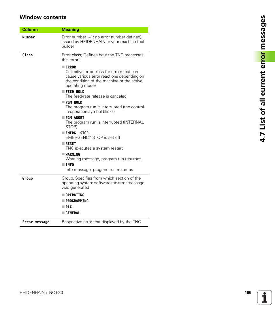 Window contents, 7 list of all cur rent er ro r messag es | HEIDENHAIN iTNC 530 (34049x-08) User Manual | Page 165 / 739