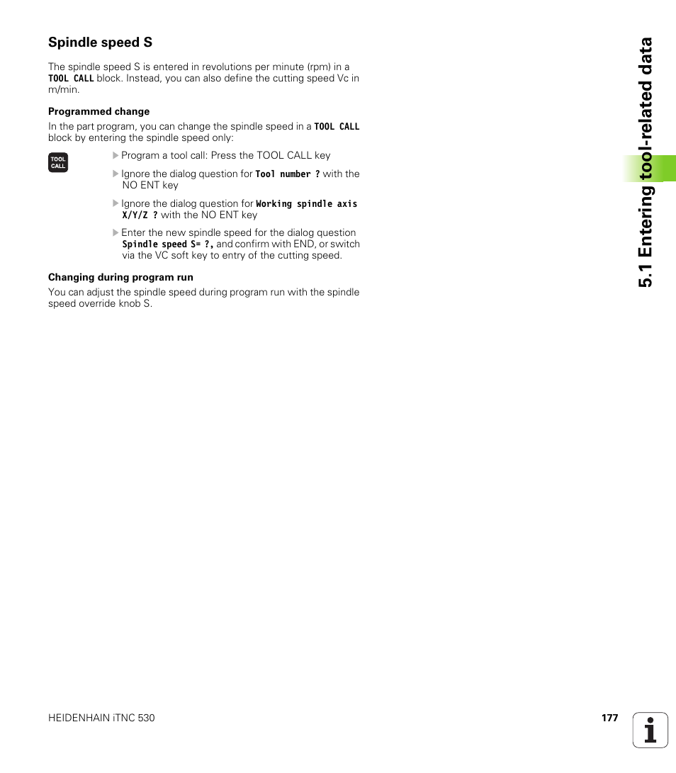 Spindle speed s, 1 ent er ing t o ol-r elat ed data | HEIDENHAIN iTNC 530 (34049x-08) User Manual | Page 177 / 739