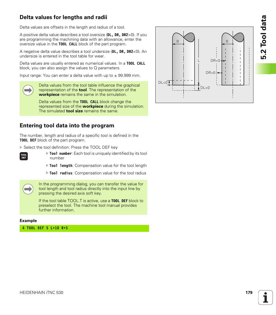 Delta values for lengths and radii, Entering tool data into the program, 2 t ool data | HEIDENHAIN iTNC 530 (34049x-08) User Manual | Page 179 / 739