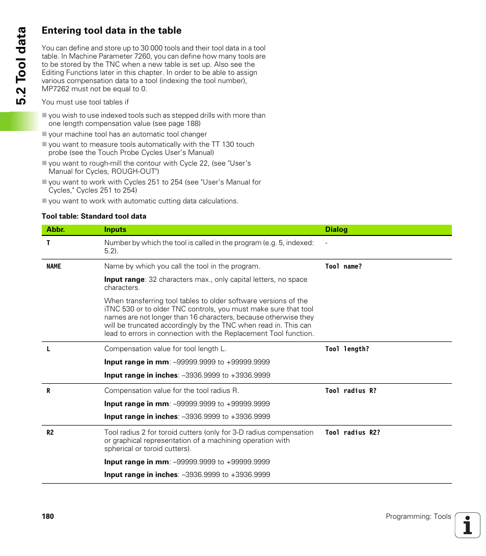 Entering tool data in the table, 2 t ool data | HEIDENHAIN iTNC 530 (34049x-08) User Manual | Page 180 / 739
