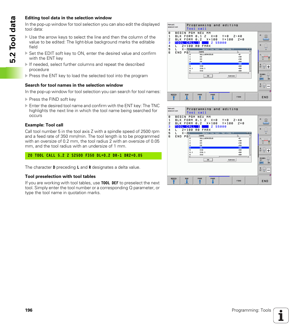 2 t ool data | HEIDENHAIN iTNC 530 (34049x-08) User Manual | Page 196 / 739