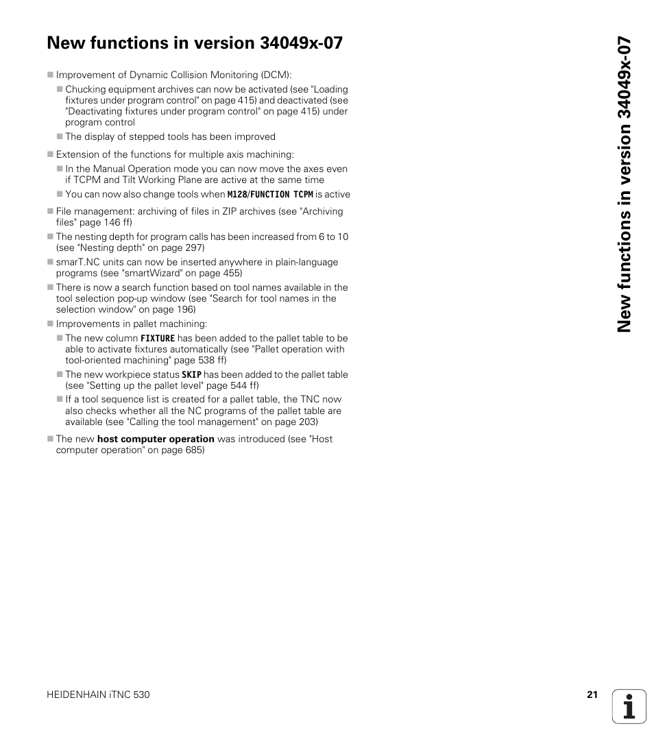 New functions in version 34049x-07 | HEIDENHAIN iTNC 530 (34049x-08) User Manual | Page 21 / 739