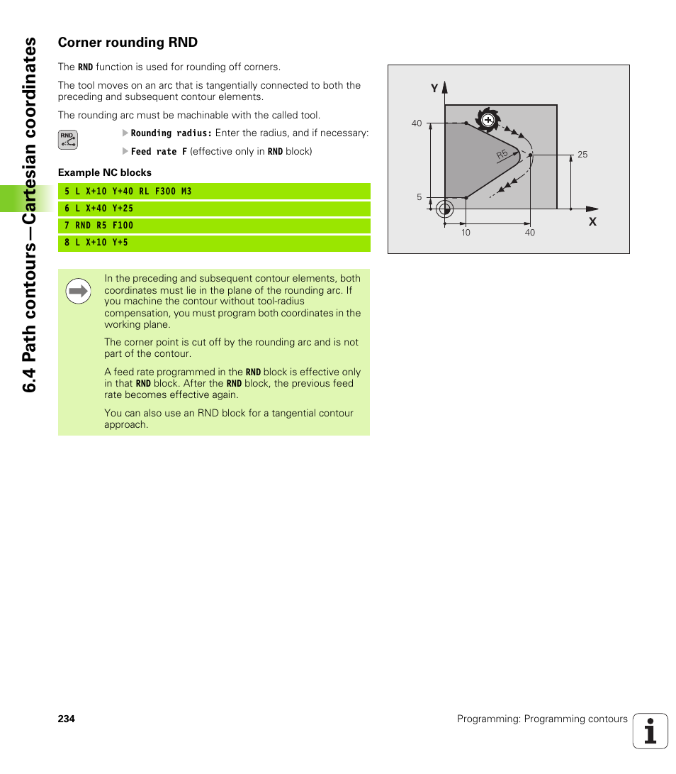 Corner rounding rnd, 4 p a th cont ours—car te sian coor dinat e s | HEIDENHAIN iTNC 530 (34049x-08) User Manual | Page 234 / 739