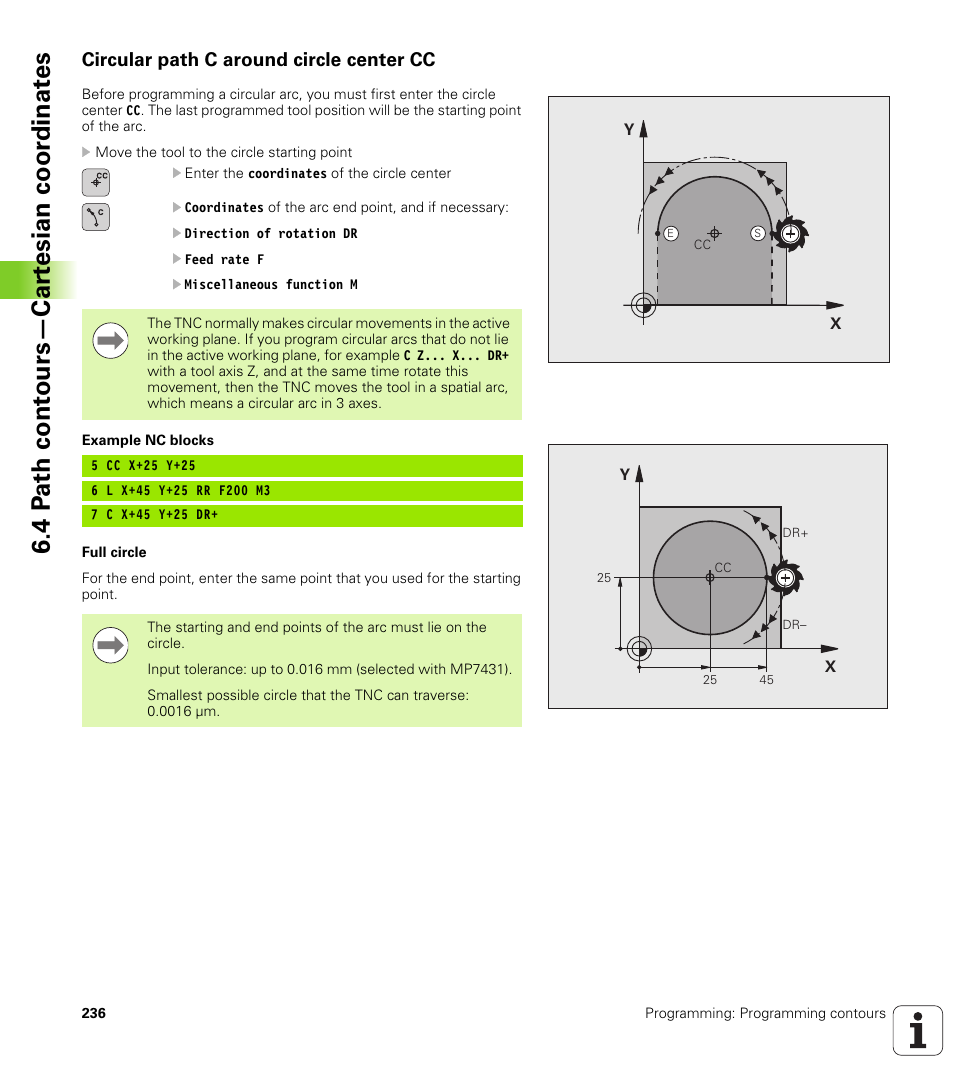 Circular path c around circle center cc, 4 p a th cont ours—car te sian coor dinat e s | HEIDENHAIN iTNC 530 (34049x-08) User Manual | Page 236 / 739