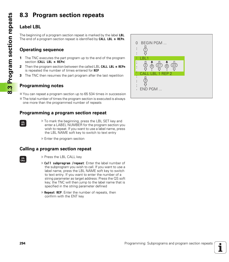 3 program section repeats, Label lbl, Operating sequence | Programming notes, Programming a program section repeat, Calling a program section repeat | HEIDENHAIN iTNC 530 (34049x-08) User Manual | Page 294 / 739