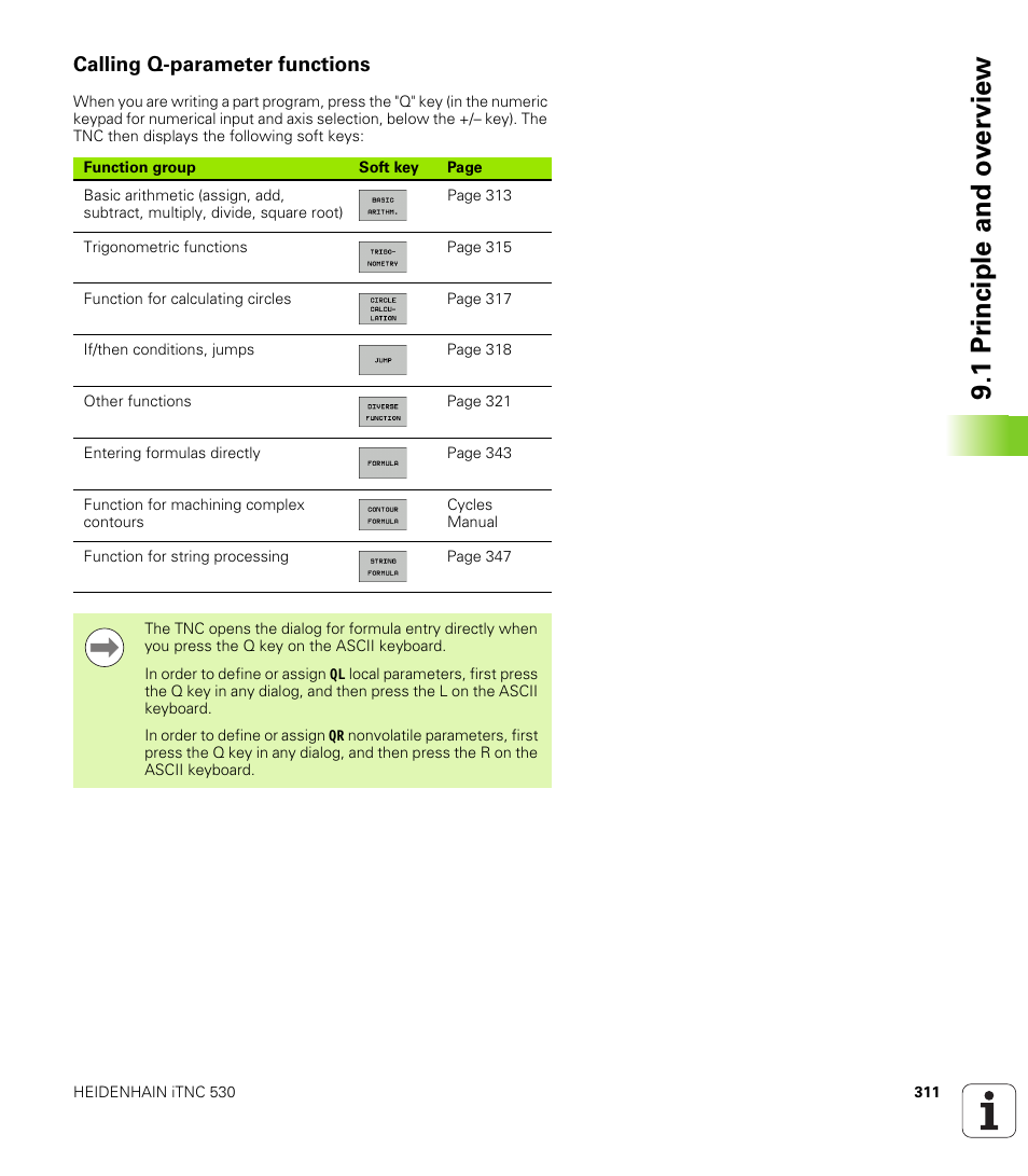 Calling q-parameter functions, 1 pr inciple and o v erview | HEIDENHAIN iTNC 530 (34049x-08) User Manual | Page 311 / 739
