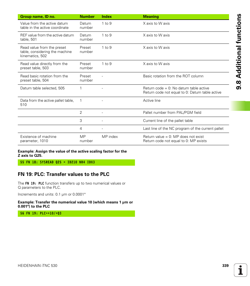 Fn 19: plc: transfer values to the plc, 8 a d ditional functions | HEIDENHAIN iTNC 530 (34049x-08) User Manual | Page 339 / 739