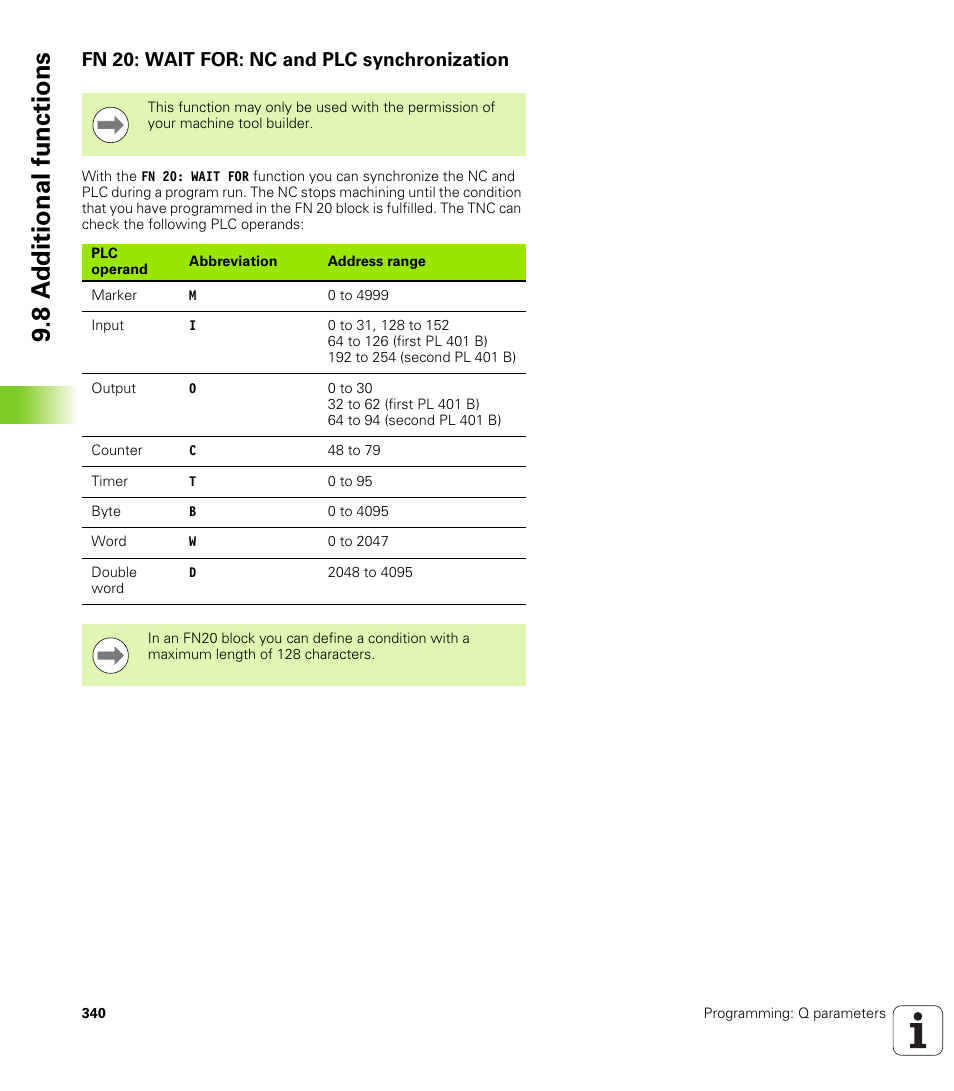Fn 20: wait for: nc and plc synchronization, 8 a d ditional functions | HEIDENHAIN iTNC 530 (34049x-08) User Manual | Page 340 / 739