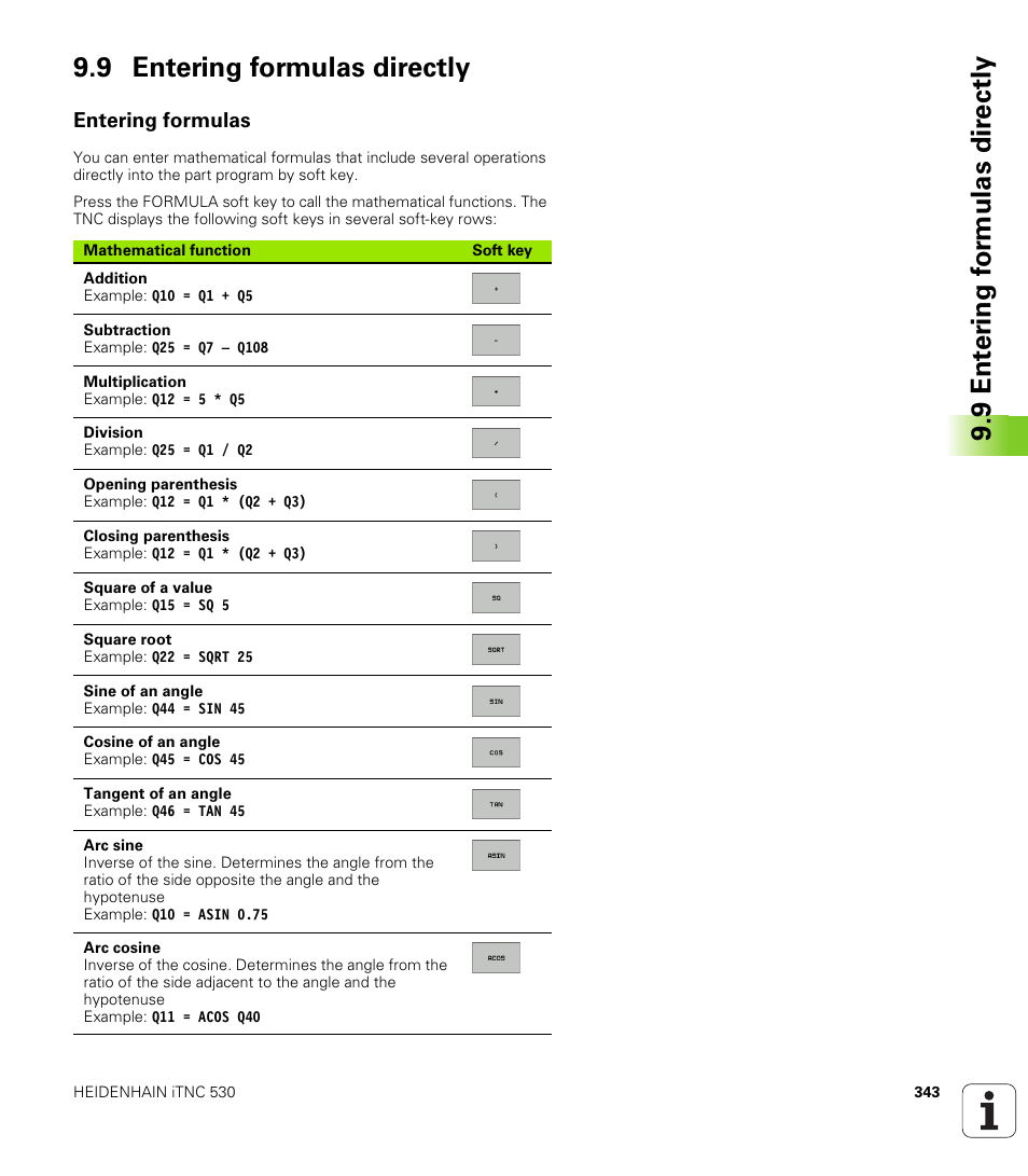 9 entering formulas directly, Entering formulas | HEIDENHAIN iTNC 530 (34049x-08) User Manual | Page 343 / 739