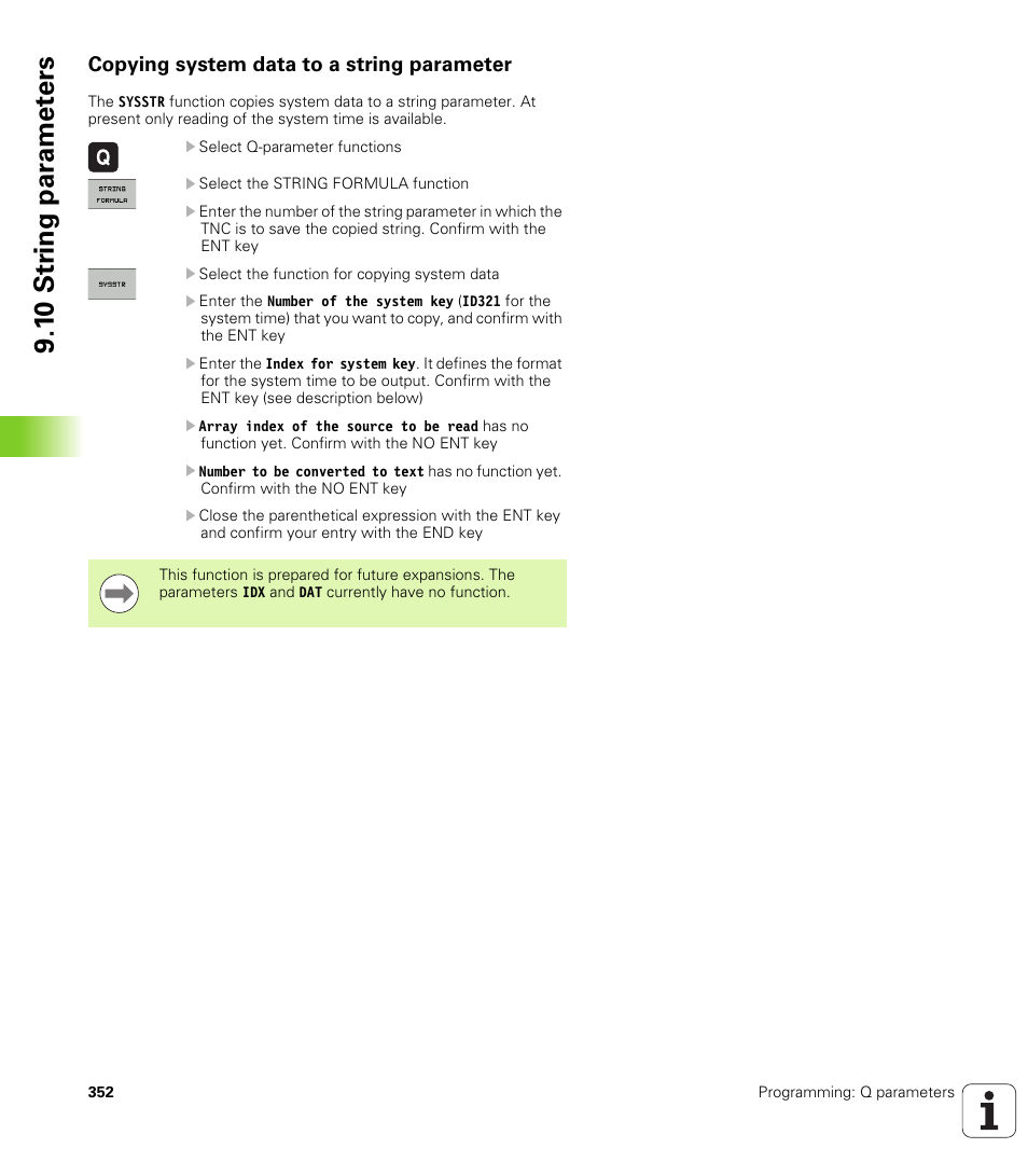 Copying system data to a string parameter, 1 0 str ing par a met e rs | HEIDENHAIN iTNC 530 (34049x-08) User Manual | Page 352 / 739
