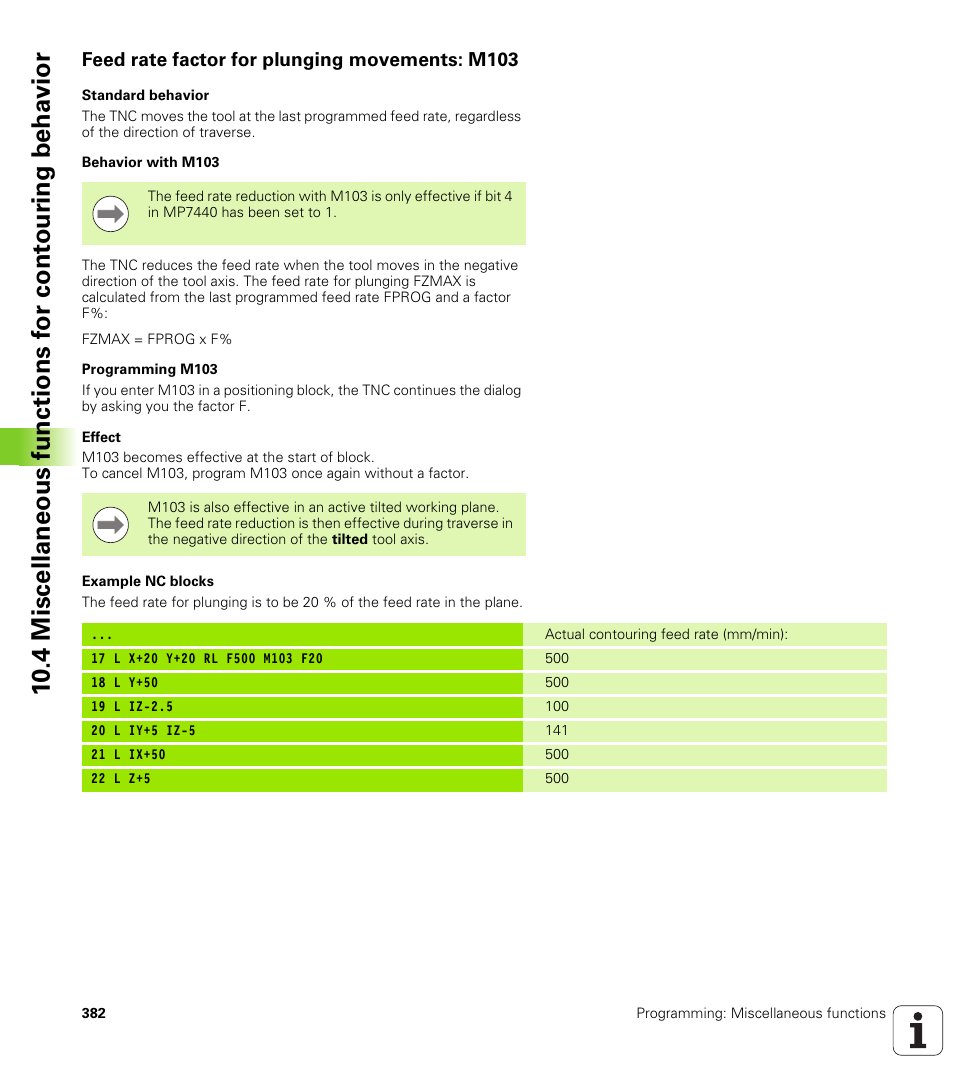 Feed rate factor for plunging movements: m103 | HEIDENHAIN iTNC 530 (34049x-08) User Manual | Page 382 / 739
