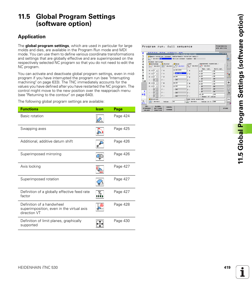 5 global program settings (software option), Application | HEIDENHAIN iTNC 530 (34049x-08) User Manual | Page 419 / 739