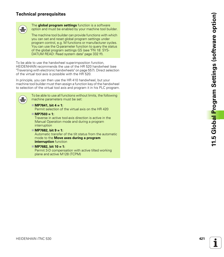 Technical prerequisites, 5 global pr ogr a m set tings (sof tw ar e option) | HEIDENHAIN iTNC 530 (34049x-08) User Manual | Page 421 / 739