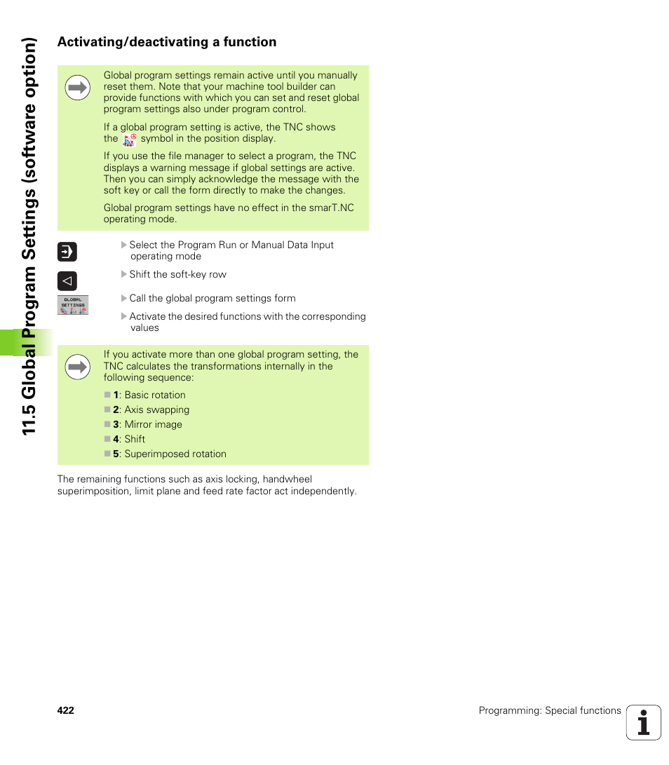 Activating/deactivating a function, 5 global pr ogr a m set tings (sof tw ar e option) | HEIDENHAIN iTNC 530 (34049x-08) User Manual | Page 422 / 739