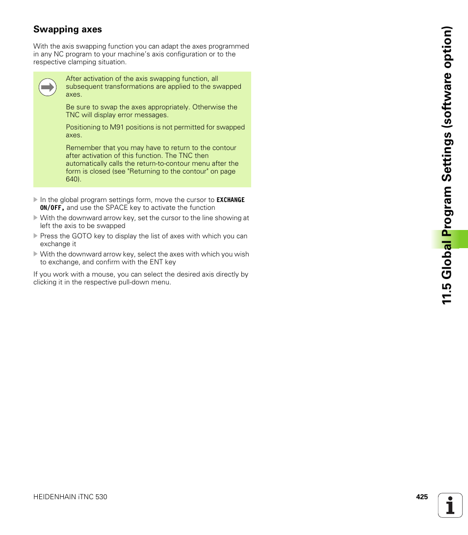Swapping axes, 5 global pr ogr a m set tings (sof tw ar e option) | HEIDENHAIN iTNC 530 (34049x-08) User Manual | Page 425 / 739