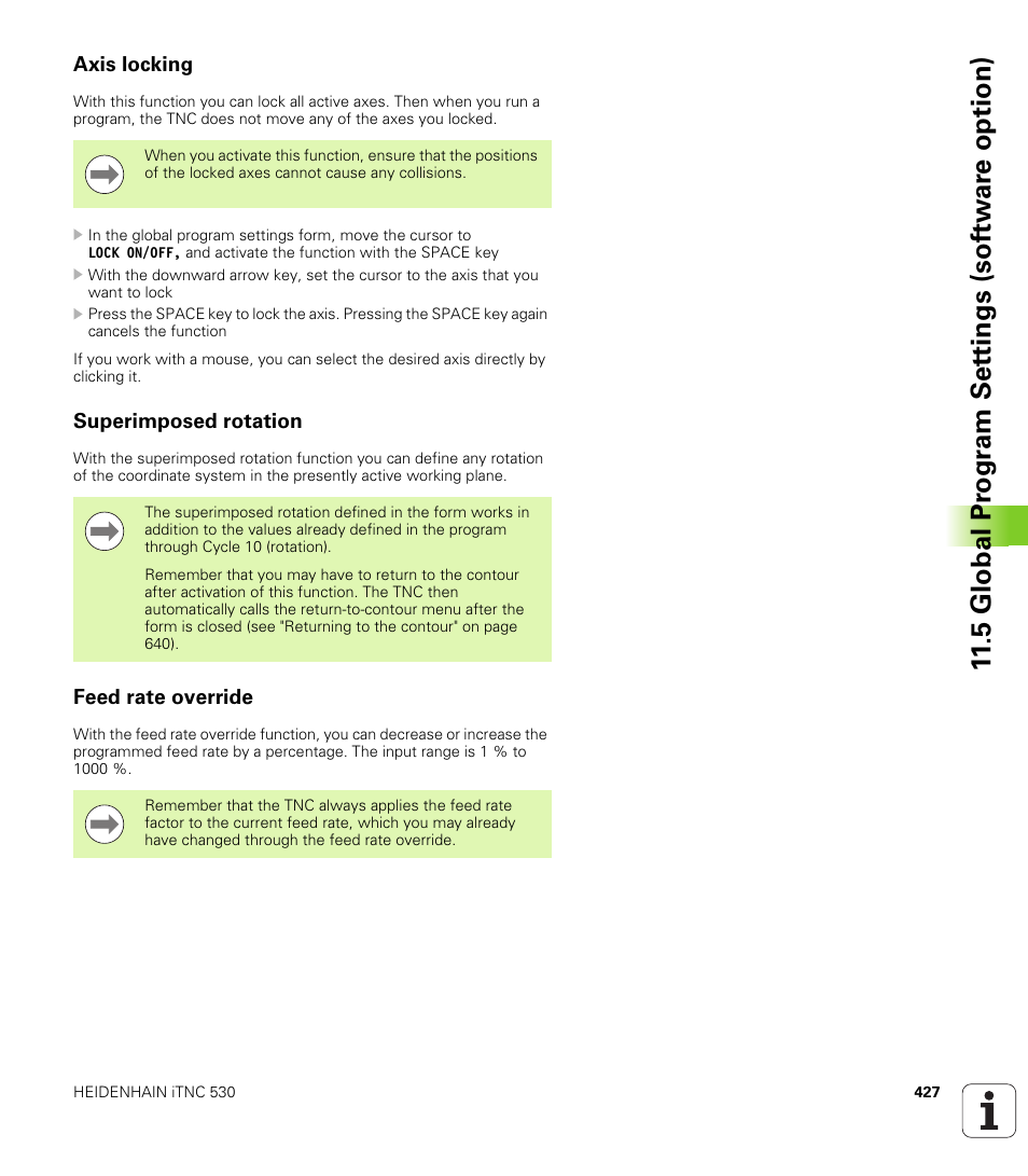 Axis locking, Superimposed rotation, Feed rate override | 5 global pr ogr a m set tings (sof tw ar e option) | HEIDENHAIN iTNC 530 (34049x-08) User Manual | Page 427 / 739