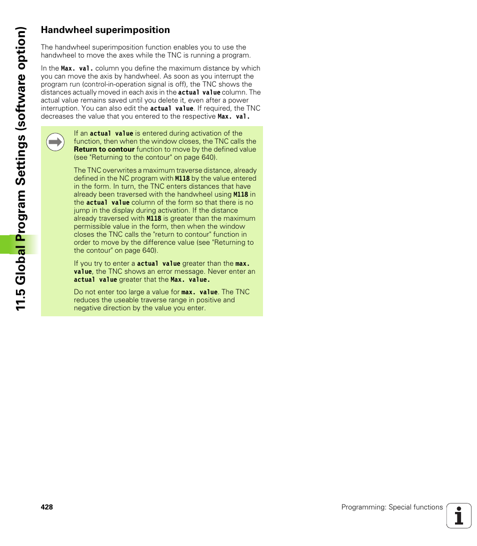 Handwheel superimposition, 5 global pr ogr a m set tings (sof tw ar e option) | HEIDENHAIN iTNC 530 (34049x-08) User Manual | Page 428 / 739