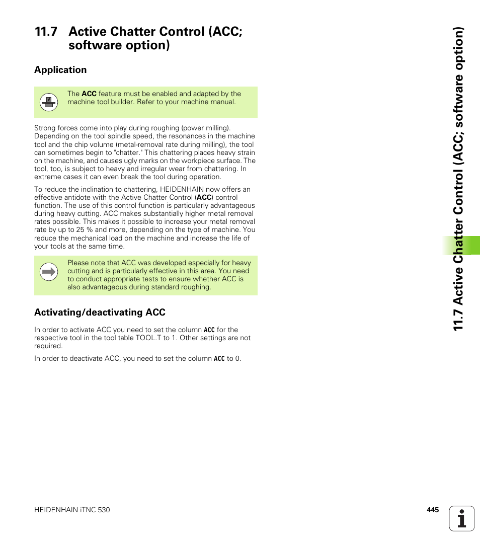 7 active chatter control (acc; software option), Application, Activating/deactivating acc | HEIDENHAIN iTNC 530 (34049x-08) User Manual | Page 445 / 739