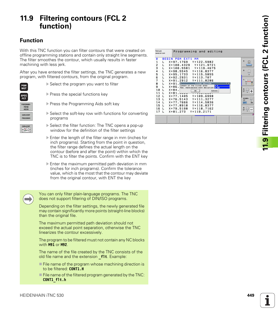 9 filtering contours (fcl 2 function), Function | HEIDENHAIN iTNC 530 (34049x-08) User Manual | Page 449 / 739