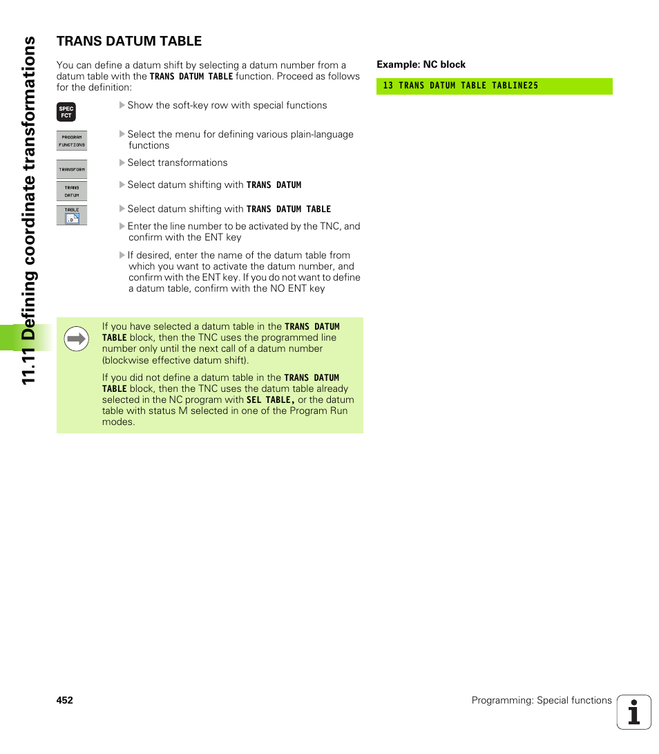 Trans datum table, 1 1 defining coor dinat e tr ansf or mations | HEIDENHAIN iTNC 530 (34049x-08) User Manual | Page 452 / 739
