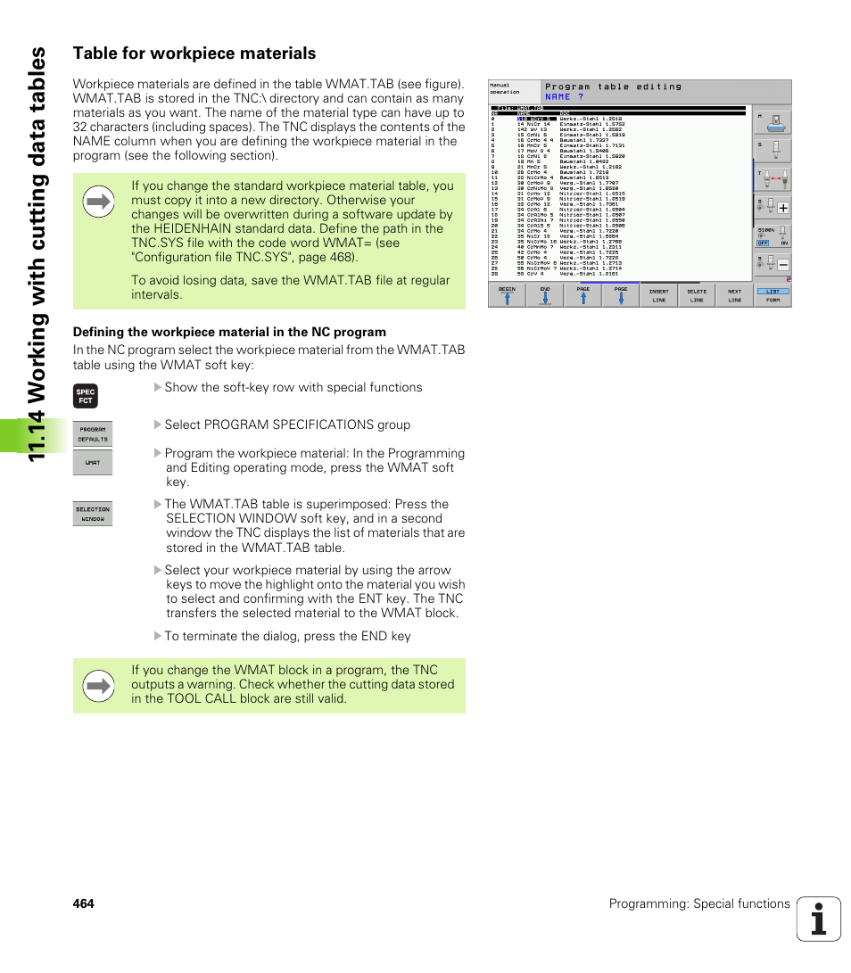 Table for workpiece materials, 14 w o rk ing with cut ting data tables | HEIDENHAIN iTNC 530 (34049x-08) User Manual | Page 464 / 739