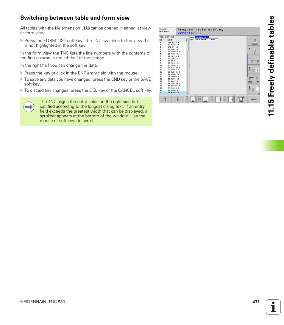 Switching between table and form view, 15 f reely definable tables | HEIDENHAIN iTNC 530 (34049x-08) User Manual | Page 471 / 739