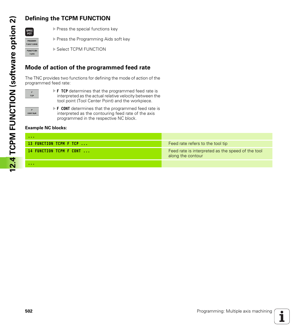Defining the tcpm function, Mode of action of the programmed feed rate, 4 tcpm function (sof tw ar e o ption 2) | HEIDENHAIN iTNC 530 (34049x-08) User Manual | Page 502 / 739