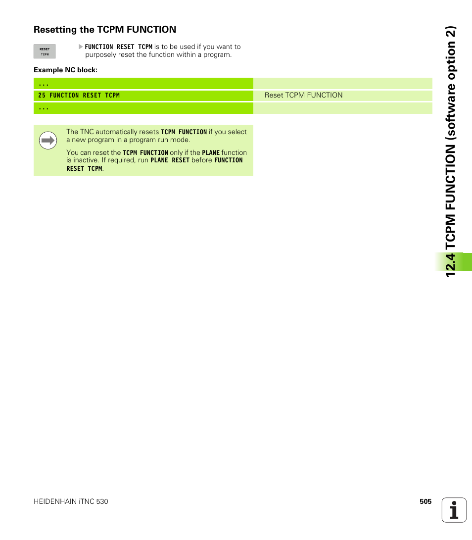 Resetting the tcpm function, 4 tcpm function (sof tw ar e o ption 2) | HEIDENHAIN iTNC 530 (34049x-08) User Manual | Page 505 / 739