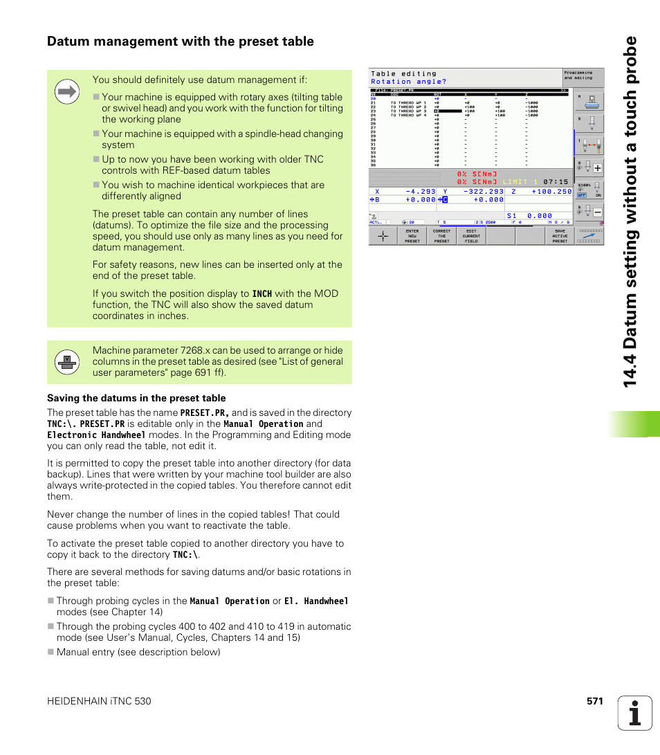 Datum management with the preset table | HEIDENHAIN iTNC 530 (34049x-08) User Manual | Page 571 / 739