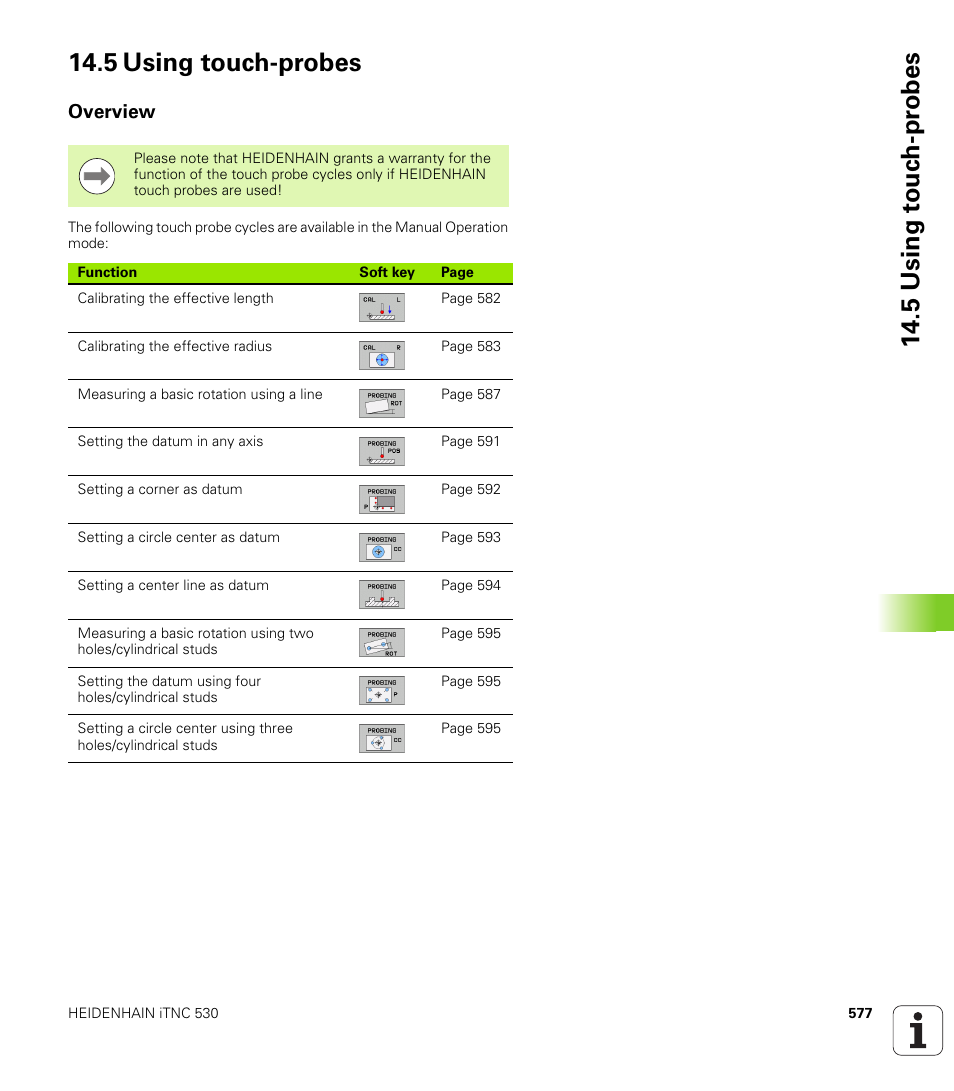 5 using touch-probes, Overview, 5 using t o uc h-pr obes 14.5 using touch-probes | HEIDENHAIN iTNC 530 (34049x-08) User Manual | Page 577 / 739