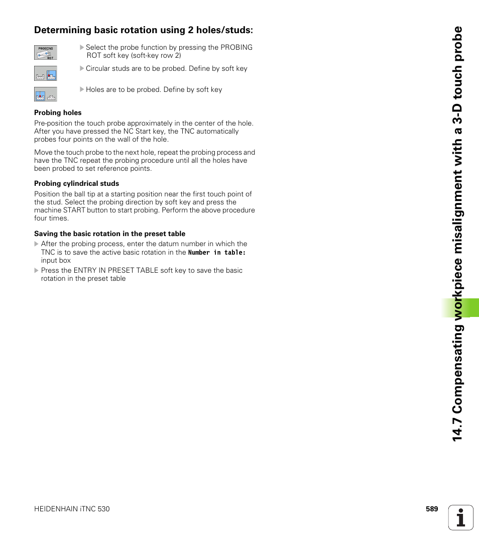 Determining basic rotation using 2 holes/studs | HEIDENHAIN iTNC 530 (34049x-08) User Manual | Page 589 / 739
